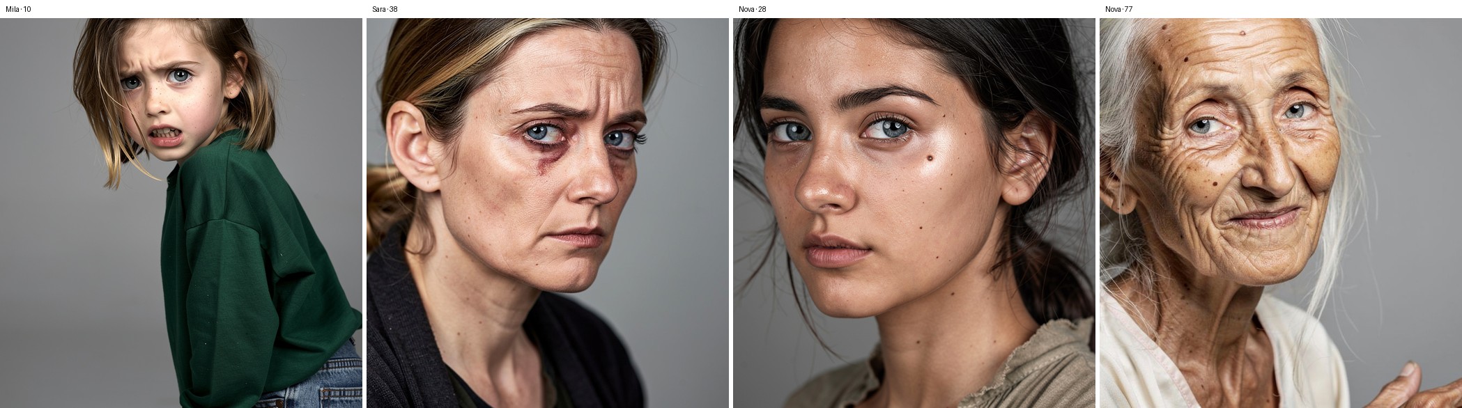 Vier Porträts nebeneinander: ein Kind, eine Frau um vierzig, eine junge Frau, eine alte Frau — alle mit grau-blauen Augen