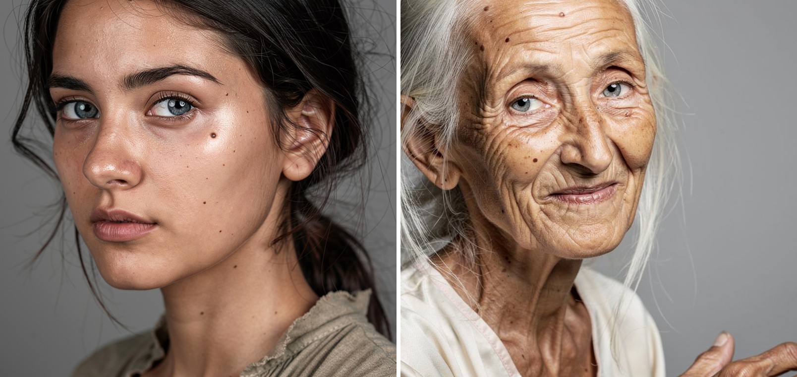 Zwei Porträts nebeneinander: links eine Frau um die dreißig, rechts eine alte Frau mit weißem Haar; gleiche Augenfarbe, gleiche Wangenknochen, gleicher Leberfleck unter dem linken Auge