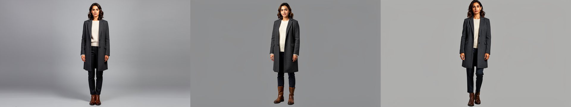Drei Ganzkörperbilder derselben Frau auf einem fast einheitlichen grauen Grund ohne Boden