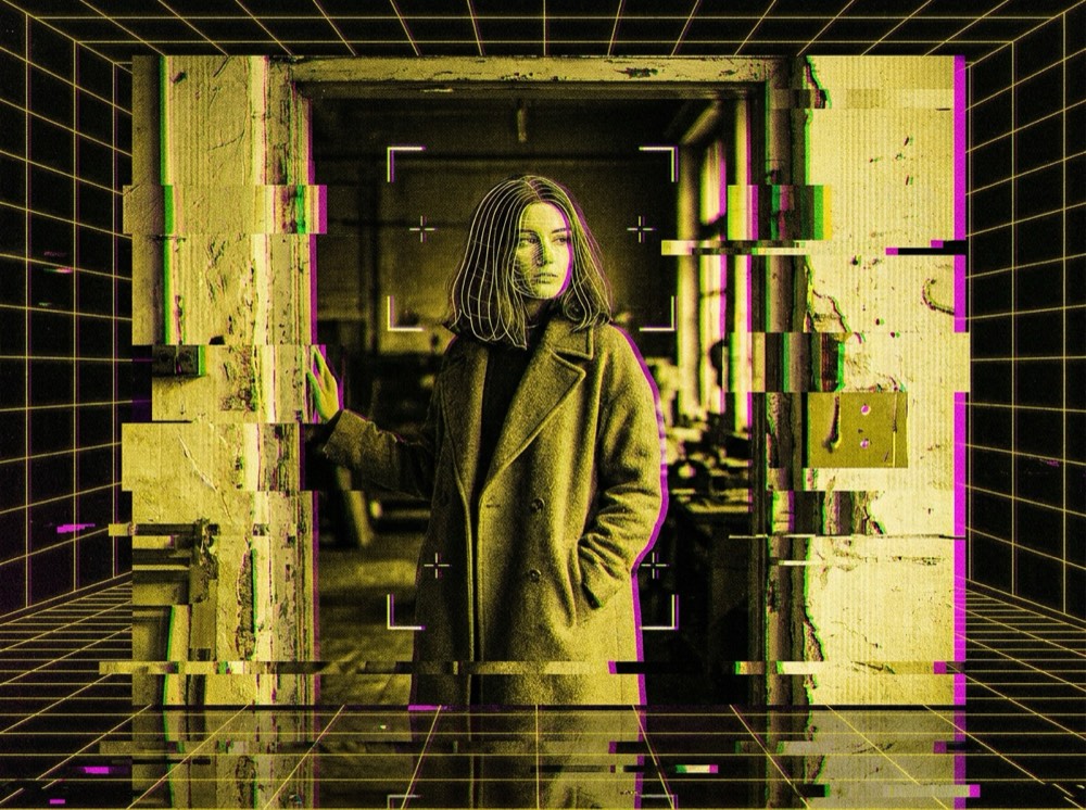 Acid-gelbes Glitch-Editorial mit Wireframe-Raum