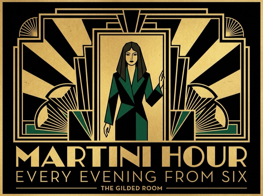 Art-Deco-Plakat in Gold und Schwarz mit Sunburst