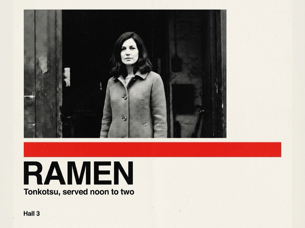 Schweizer Plakat: Halbton-Foto im Raster, roter Balken, Helvetica