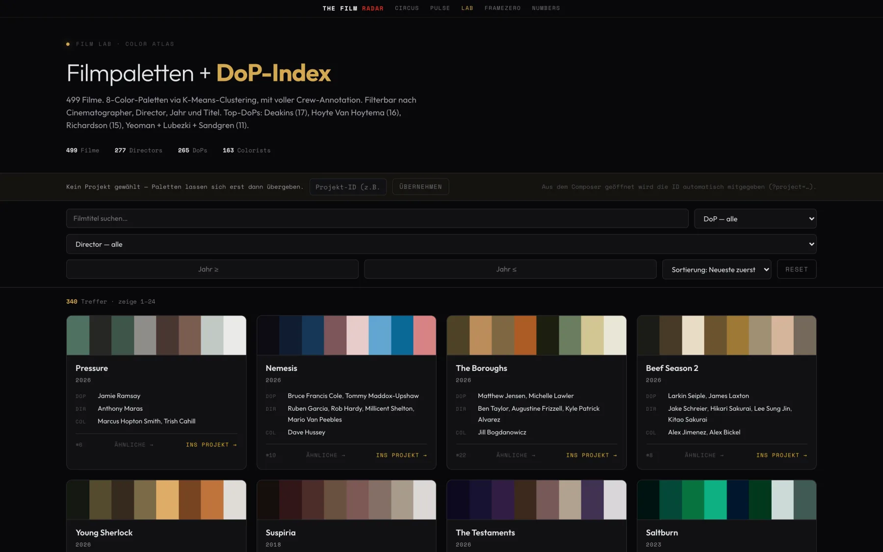 Color Atlas: 499 Filmpaletten mit DoP-Index, filterbar nach Cinematographer und Jahr