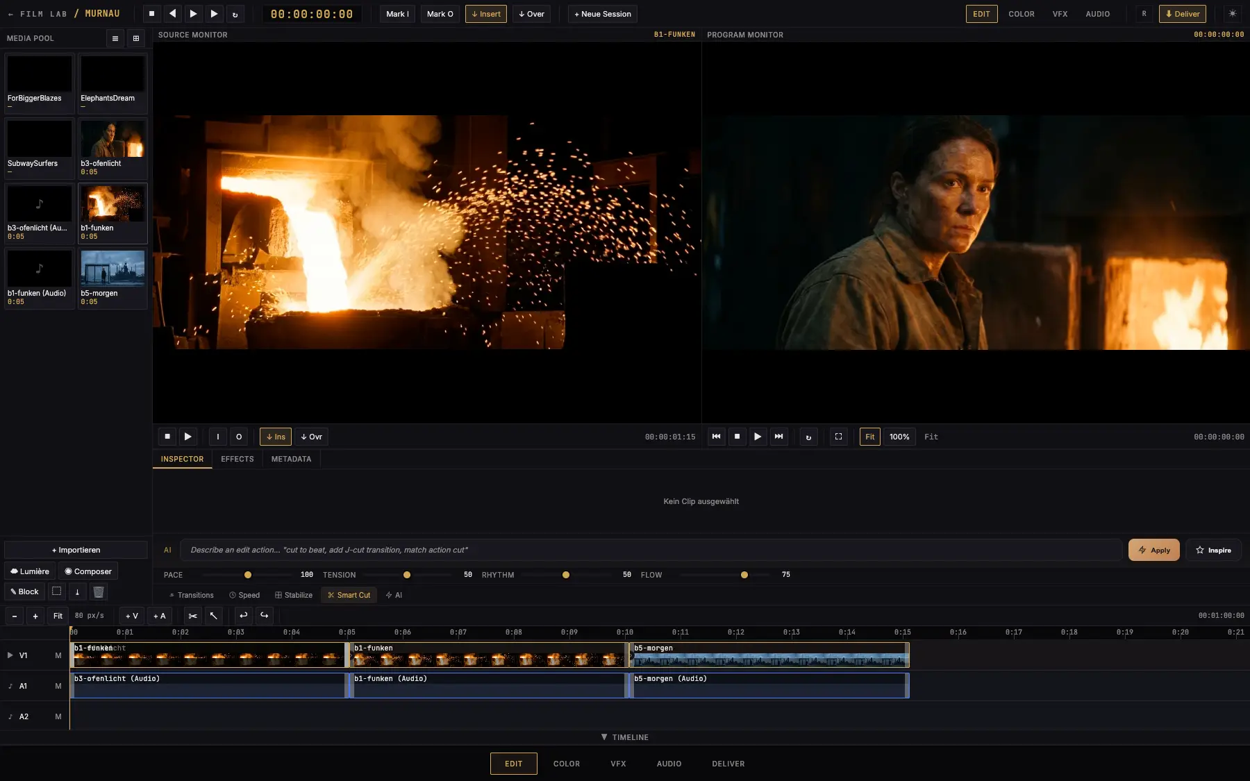 Murnau Editing Environment: Media Pool, Source- und Programm-Monitor, Timeline